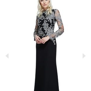 Tadashi Shoji evening gown embroidered crepe black